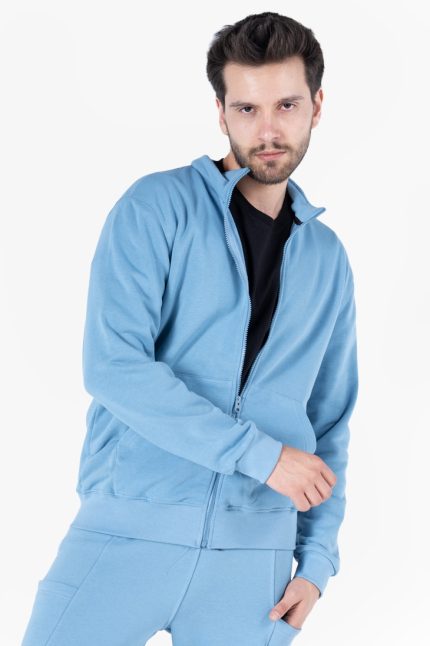 Diagonel Fermuarlı Sweatshirt - Light İndigo