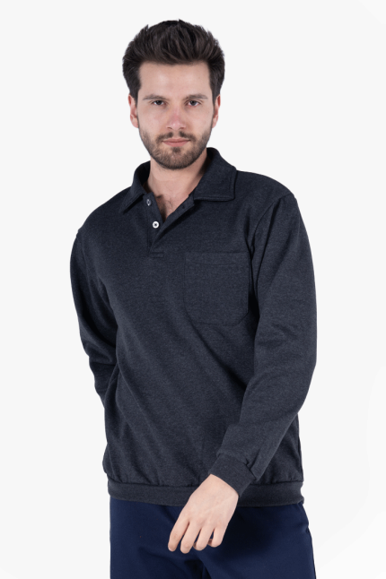 Polo Yaka Cepli Sweatshirt İki İplik Şardonlu - Antrasit Melanj