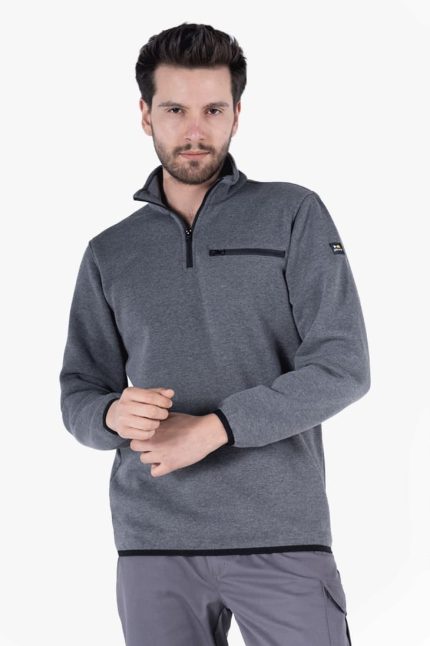 Fermuarlı Sweatshirt 3 İplik Şardonlu Dik Yakalı - Füme Melanj
